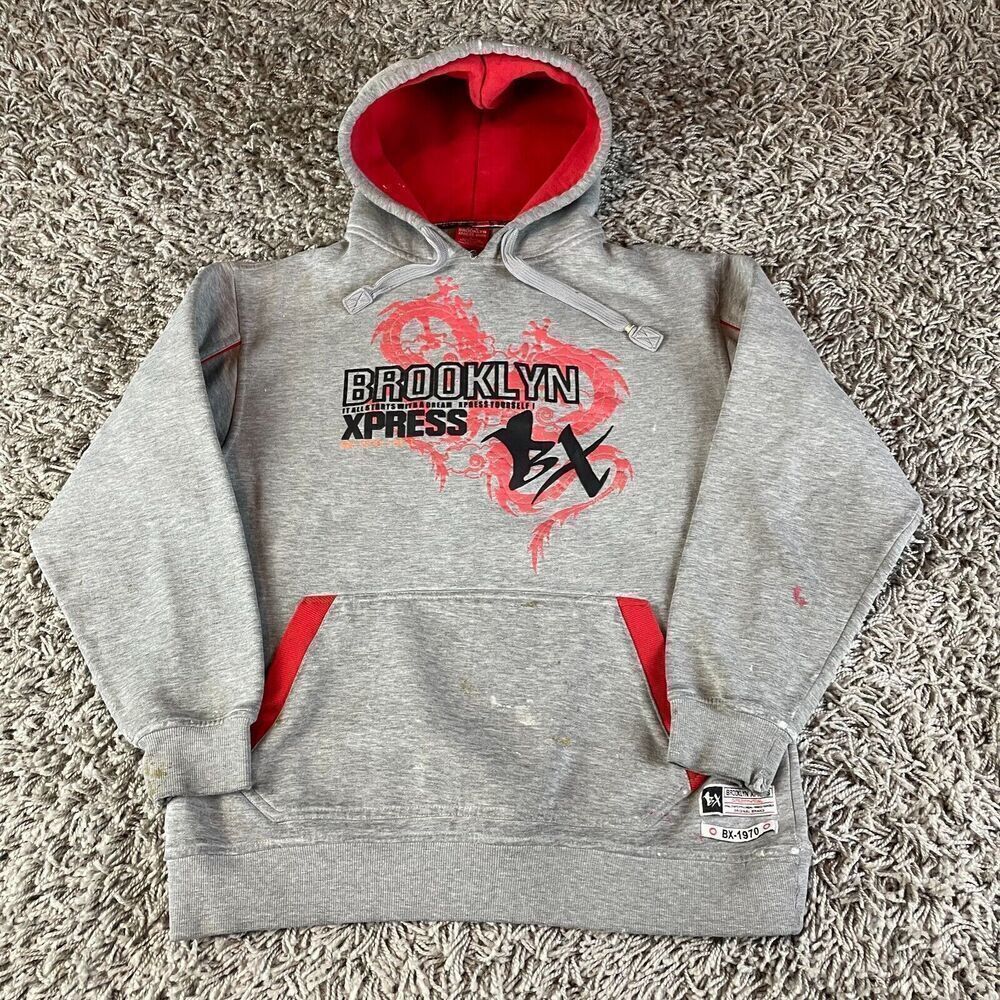 Vintage Y2K Hoodie Mens Large L Gray Dragon Print Skate Grunge Distressed Logo